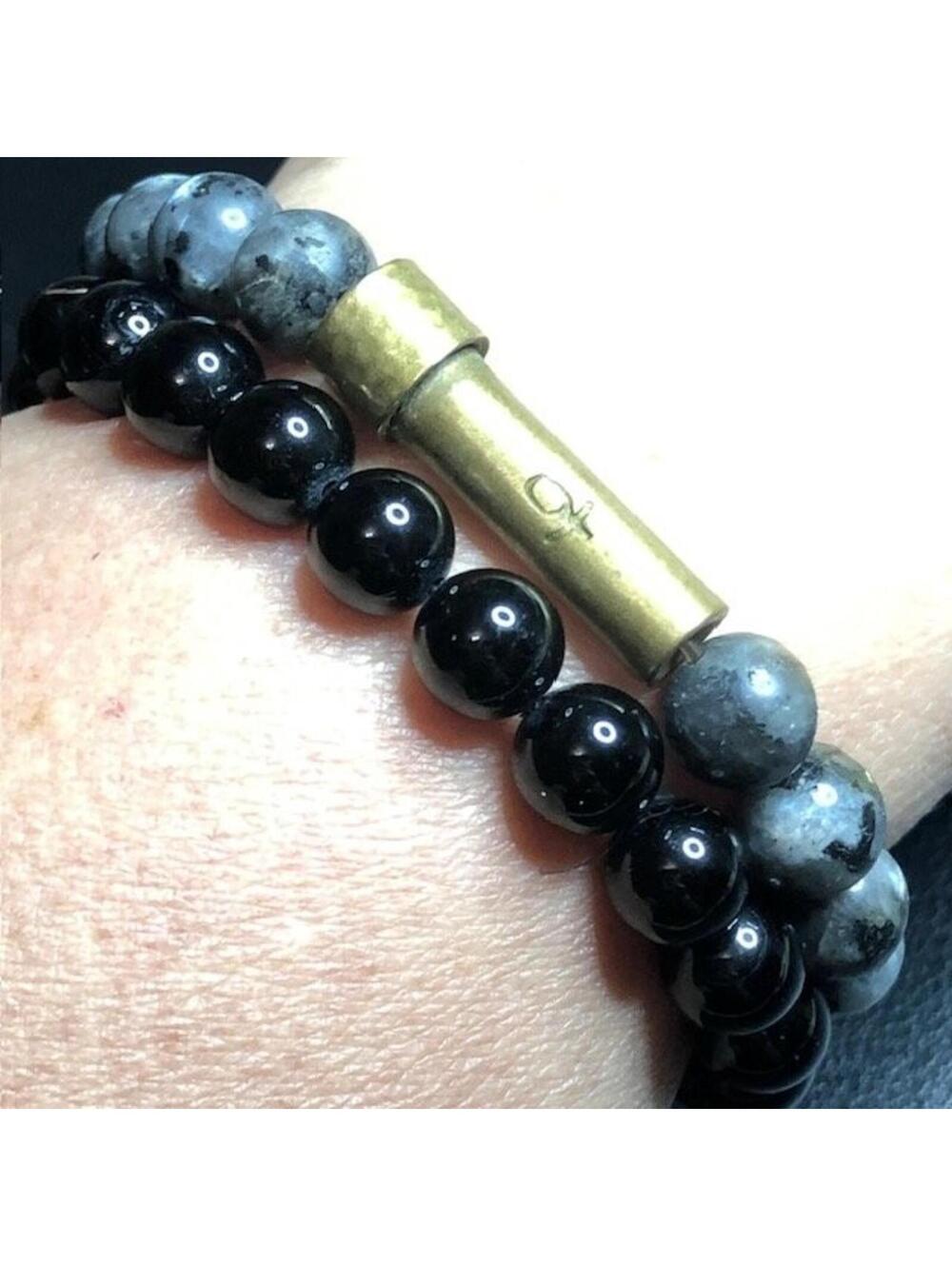 B4415 Natural Stone Stretch Bracelet Black Onyx Gray Labradorite Brass Om Symbol